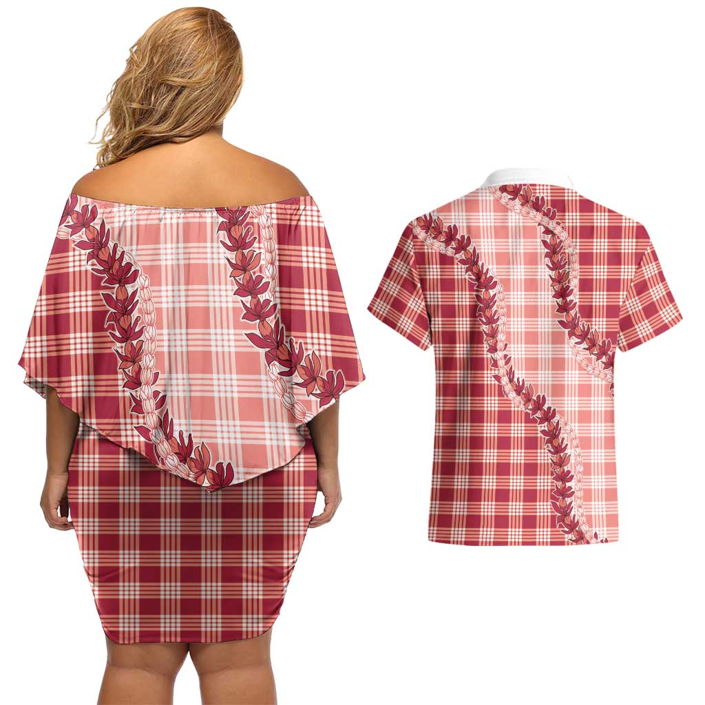 Red Hawaii Palaka Couples Matching Off Shoulder Short Dress and Hawaiian Shirt Hawaiian Pikake Lei LT05 - Polynesian Pride