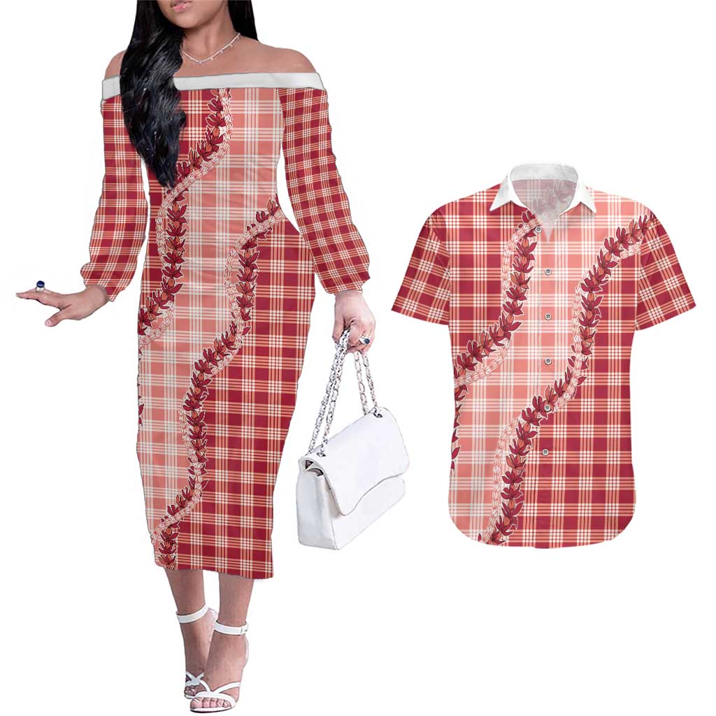 Red Hawaii Palaka Couples Matching Off The Shoulder Long Sleeve Dress and Hawaiian Shirt Hawaiian Pikake Lei