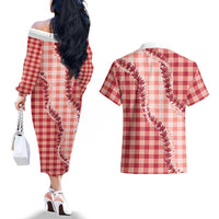 Red Hawaii Palaka Couples Matching Off The Shoulder Long Sleeve Dress and Hawaiian Shirt Hawaiian Pikake Lei LT05 - Polynesian Pride
