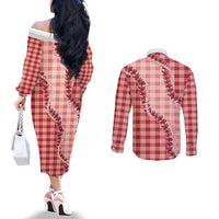 Red Hawaii Palaka Couples Matching Off The Shoulder Long Sleeve Dress and Long Sleeve Button Shirt Hawaiian Pikake Lei LT05 - Polynesian Pride