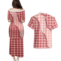 Red Hawaii Palaka Couples Matching Puletasi and Hawaiian Shirt Hawaiian Pikake Lei