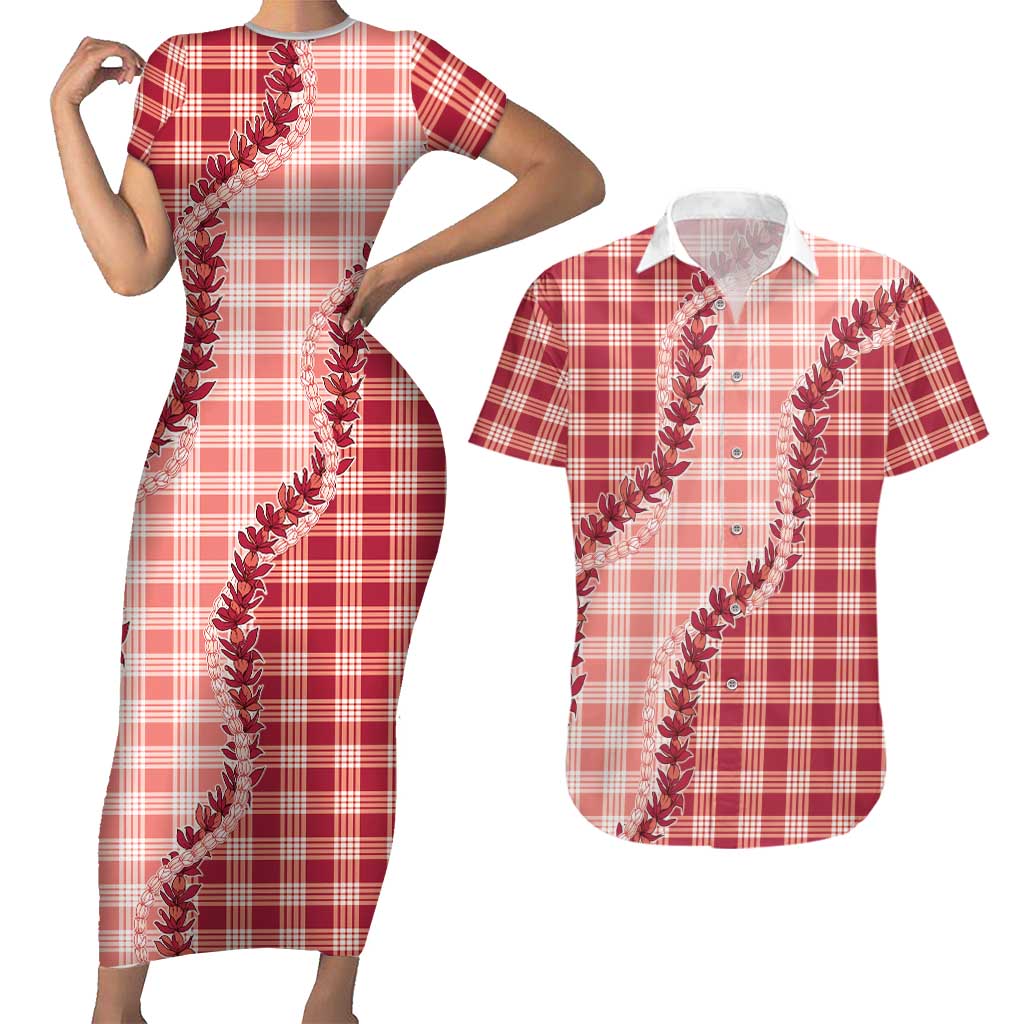 Red Hawaii Palaka Couples Matching Short Sleeve Bodycon Dress and Hawaiian Shirt Hawaiian Pikake Lei LT05 Red - Polynesian Pride