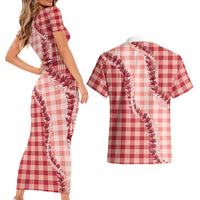 Red Hawaii Palaka Couples Matching Short Sleeve Bodycon Dress and Hawaiian Shirt Hawaiian Pikake Lei LT05 - Polynesian Pride