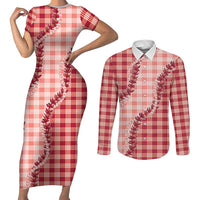 Red Hawaii Palaka Couples Matching Short Sleeve Bodycon Dress and Long Sleeve Button Shirt Hawaiian Pikake Lei LT05 Red - Polynesian Pride