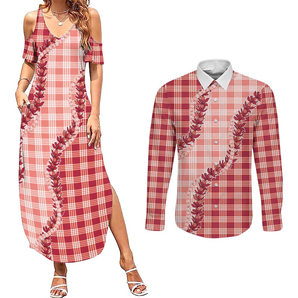Red Hawaii Palaka Couples Matching Summer Maxi Dress and Long Sleeve Button Shirt Hawaiian Pikake Lei