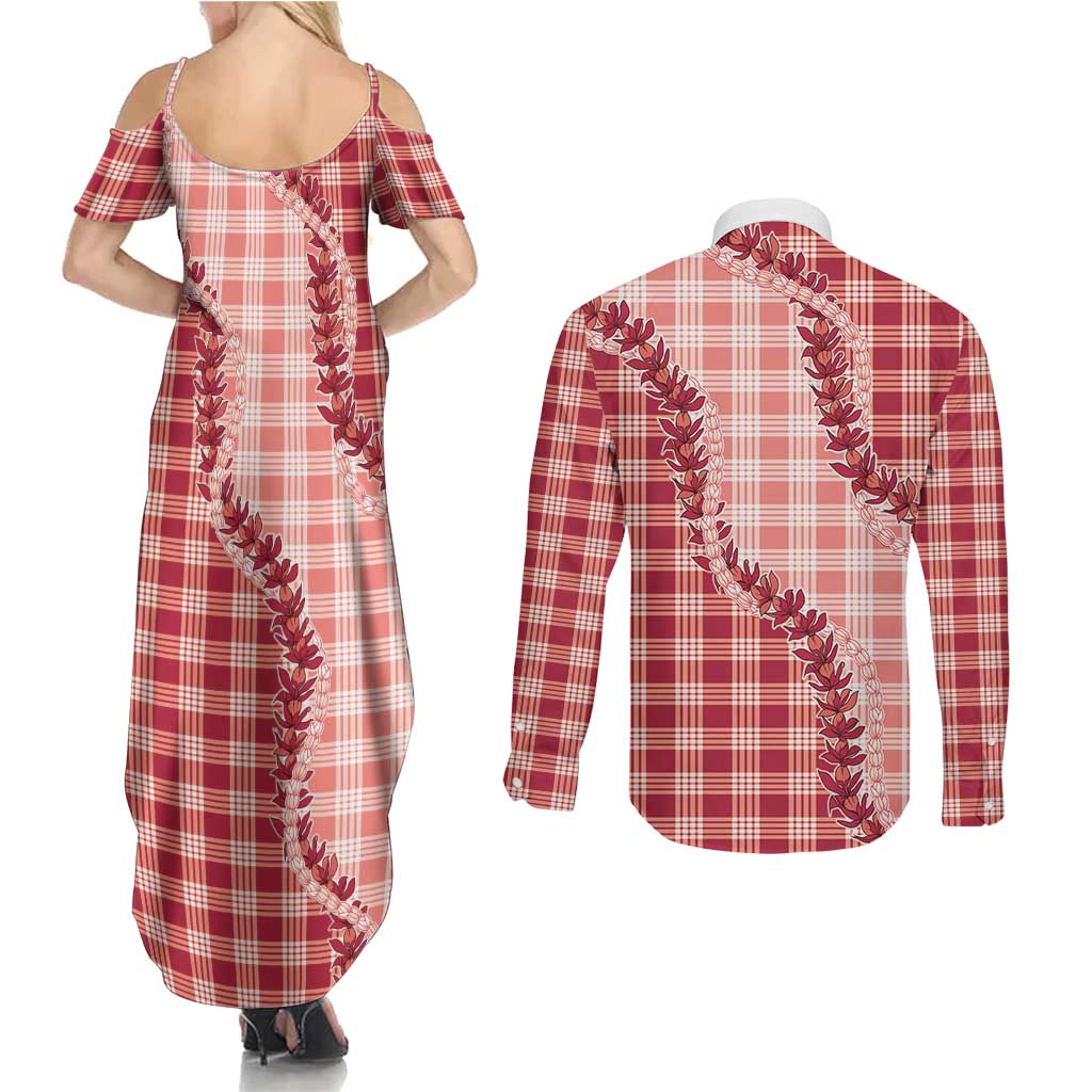 Red Hawaii Palaka Couples Matching Summer Maxi Dress and Long Sleeve Button Shirt Hawaiian Pikake Lei