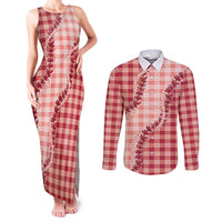 Red Hawaii Palaka Couples Matching Tank Maxi Dress and Long Sleeve Button Shirt Hawaiian Pikake Lei