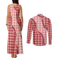 Red Hawaii Palaka Couples Matching Tank Maxi Dress and Long Sleeve Button Shirt Hawaiian Pikake Lei