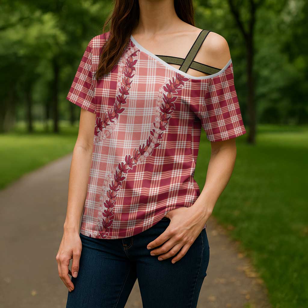 Red Hawaii Palaka Cross Shoulder Shirt Hawaiian Pikake Lei