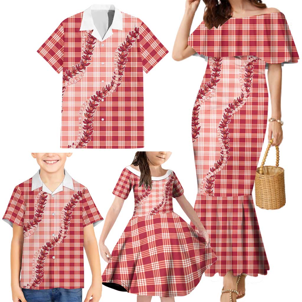 Red Hawaii Palaka Family Matching Mermaid Dress and Hawaiian Shirt Hawaiian Pikake Lei LT05 - Polynesian Pride