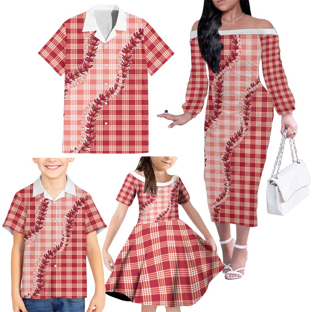 Red Hawaii Palaka Family Matching Off The Shoulder Long Sleeve Dress and Hawaiian Shirt Hawaiian Pikake Lei LT05 - Polynesian Pride