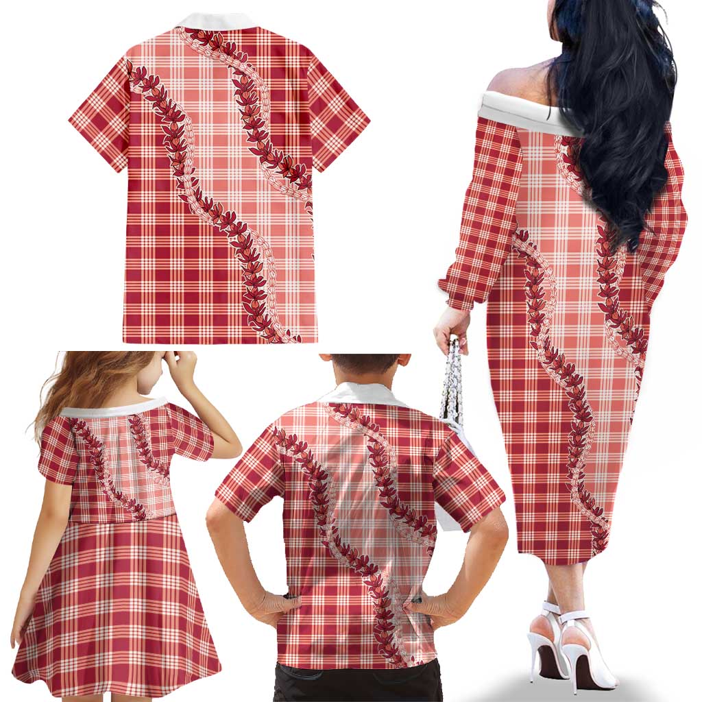 Red Hawaii Palaka Family Matching Off The Shoulder Long Sleeve Dress and Hawaiian Shirt Hawaiian Pikake Lei LT05 - Polynesian Pride