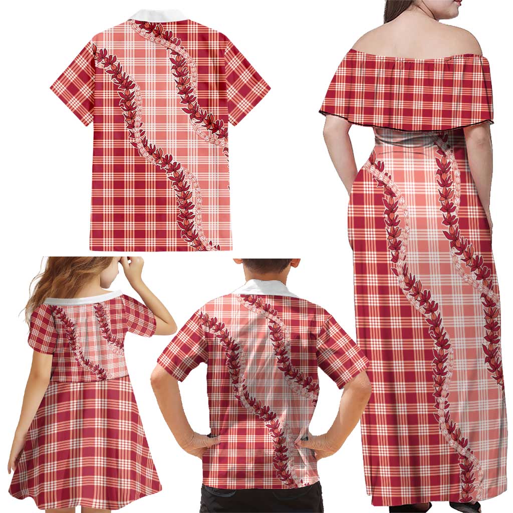 Red Hawaii Palaka Family Matching Off Shoulder Maxi Dress and Hawaiian Shirt Hawaiian Pikake Lei LT05 - Polynesian Pride