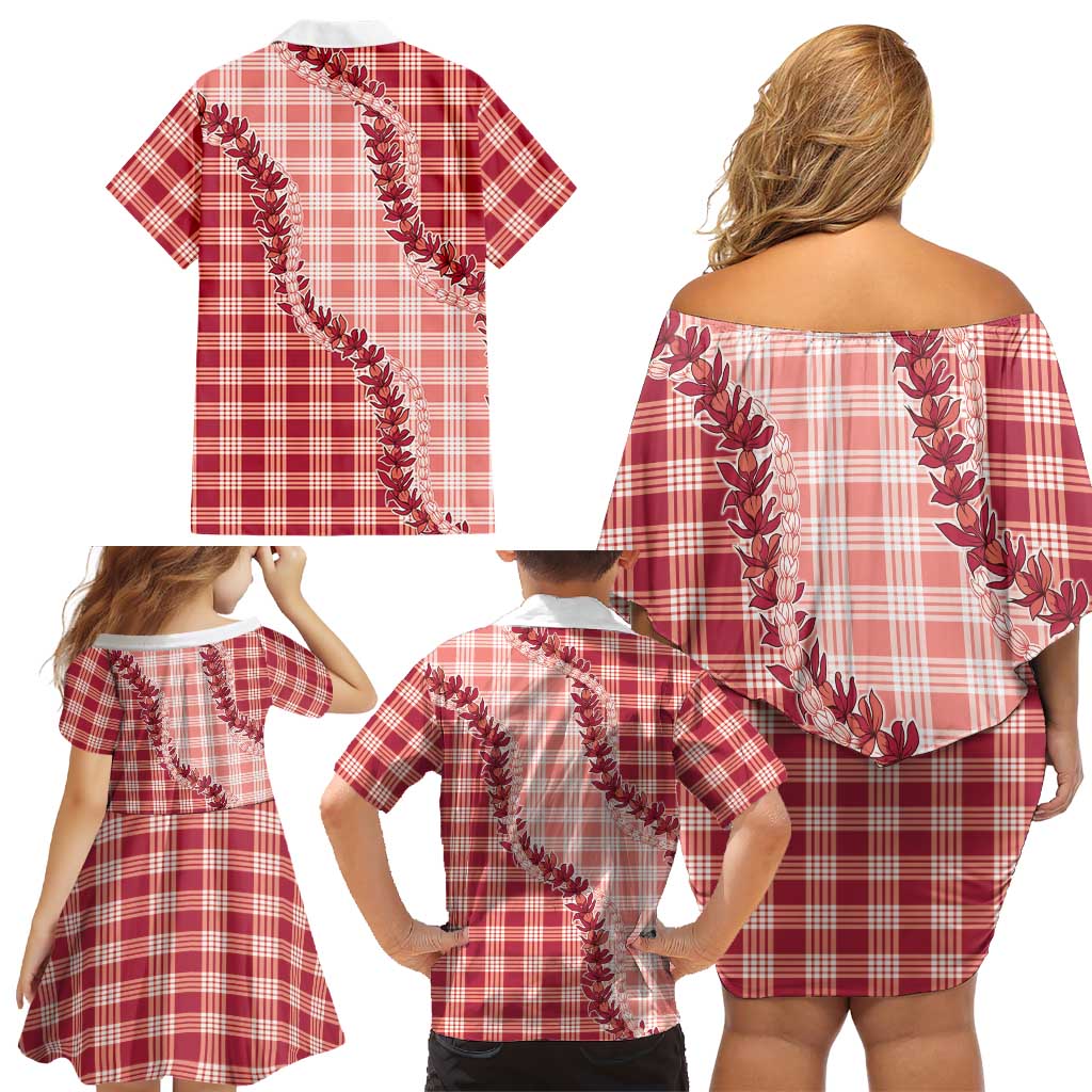 Red Hawaii Palaka Family Matching Off Shoulder Short Dress and Hawaiian Shirt Hawaiian Pikake Lei LT05 - Polynesian Pride