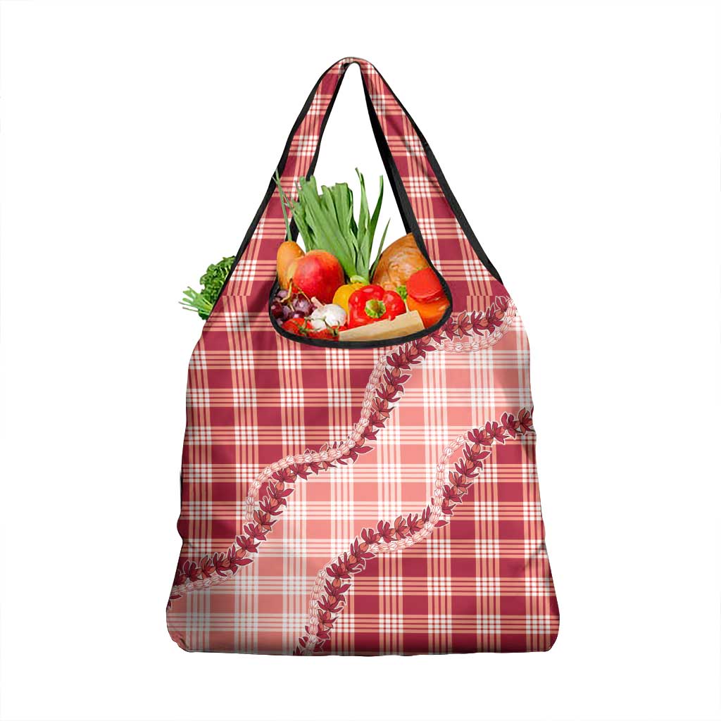 Red Hawaii Palaka Grocery Bag Hawaiian Pikake Lei
