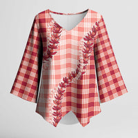 Red Hawaii Palaka Kimono Sleeve Blouse Hawaiian Pikake Lei
