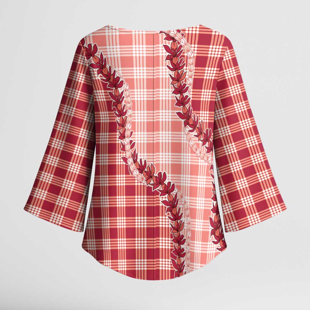 Red Hawaii Palaka Kimono Sleeve Blouse Hawaiian Pikake Lei