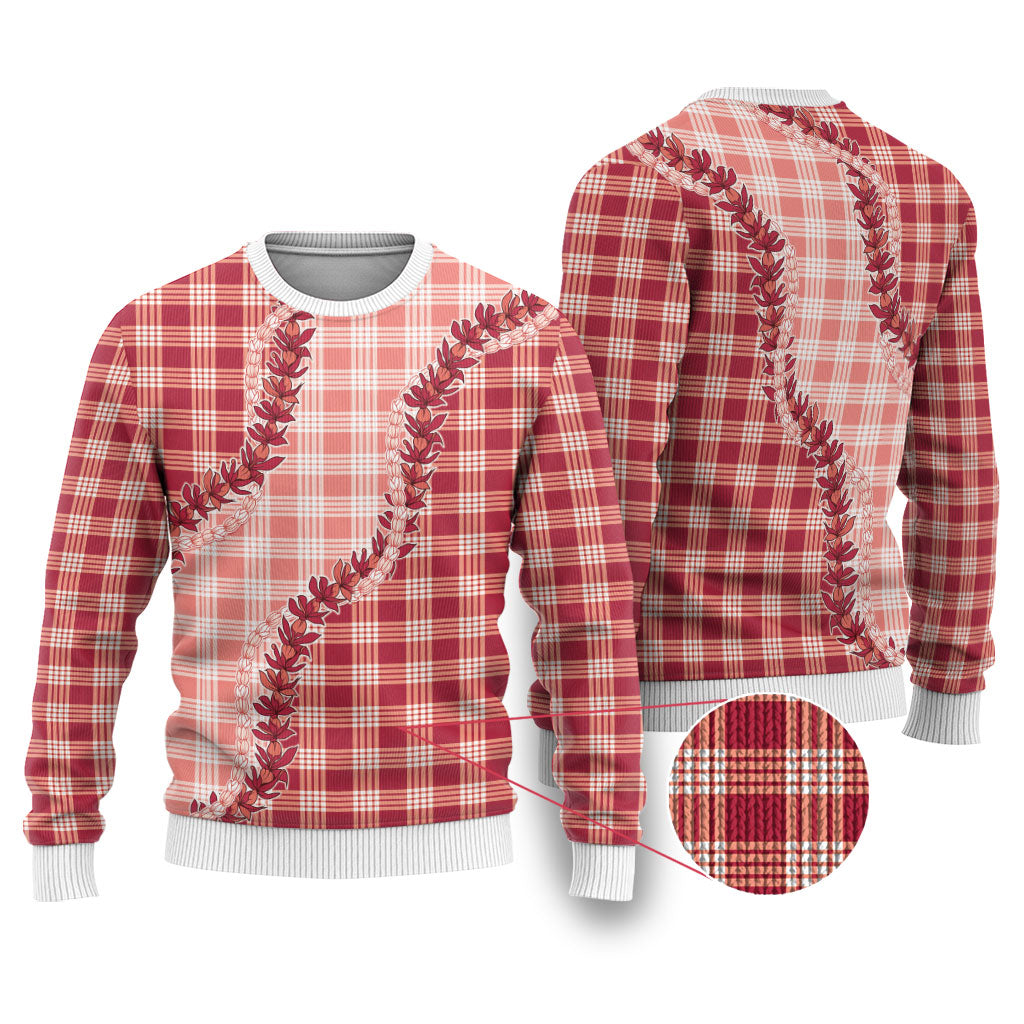 Red Hawaii Palaka Ugly Christmas Sweater Hawaiian Pikake Lei