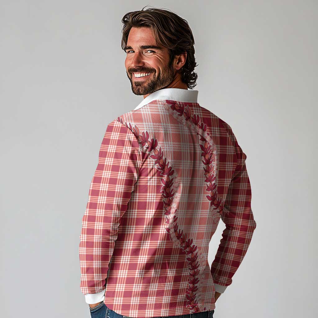 Red Hawaii Palaka Long Sleeve Polo Shirt Hawaiian Pikake Lei