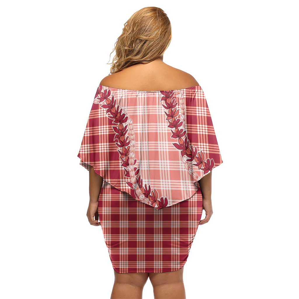 Red Hawaii Palaka Off Shoulder Short Dress Hawaiian Pikake Lei