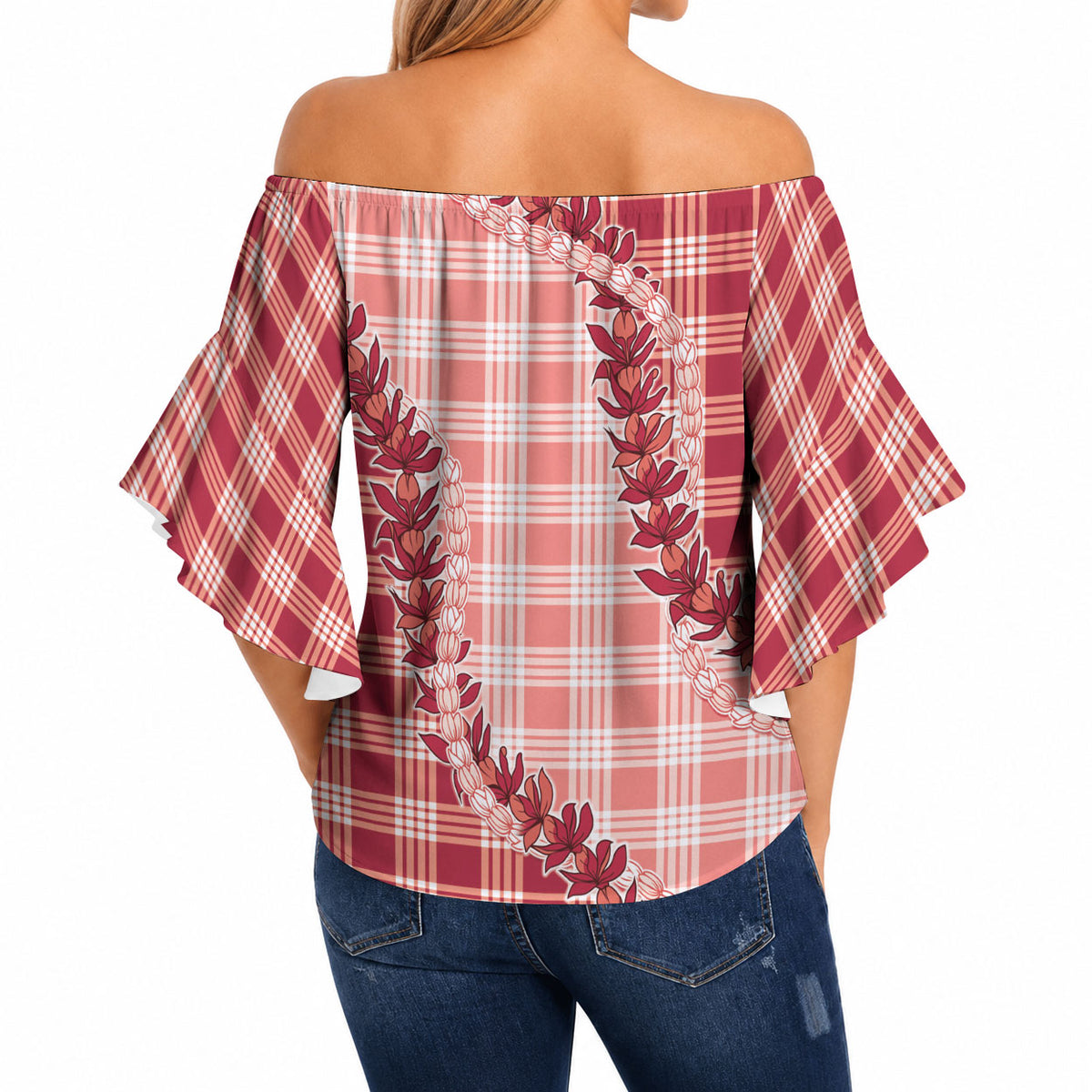 Red Hawaii Palaka Off Shoulder Wrap Waist Top Hawaiian Pikake Lei LT05 - Polynesian Pride