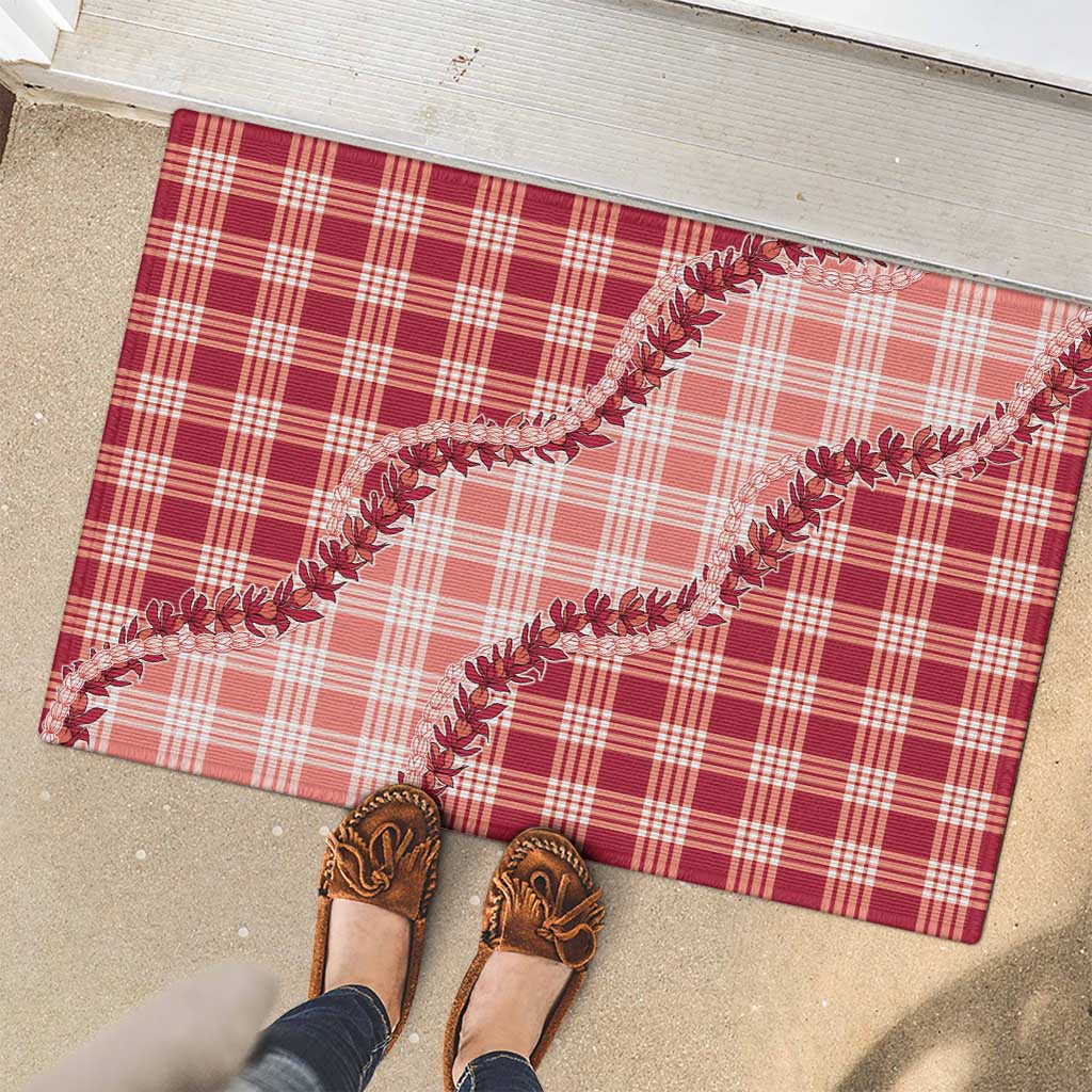 Red Hawaii Palaka Rubber Doormat Hawaiian Pikake Lei