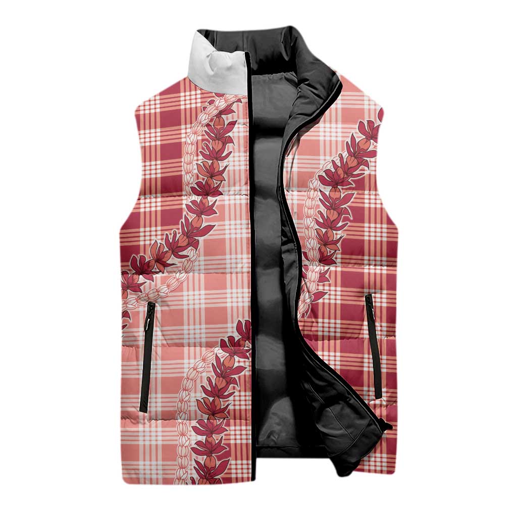Red Hawaii Palaka Sleeveless Puffer Jacket Hawaiian Pikake Lei