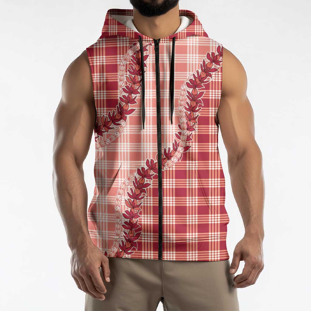 Red Hawaii Palaka Sleeveless Zip Hoodie Hawaiian Pikake Lei