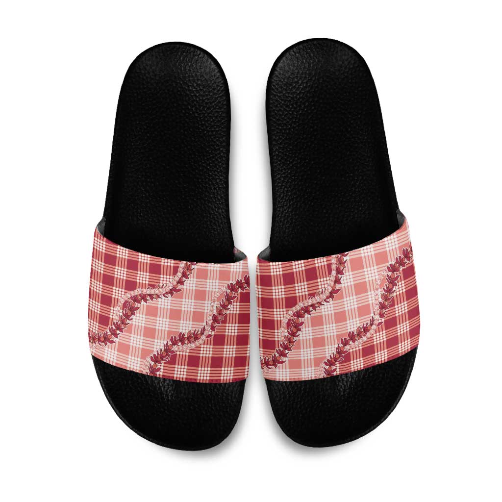 Red Hawaii Palaka Slide Sandals Hawaiian Pikake Lei