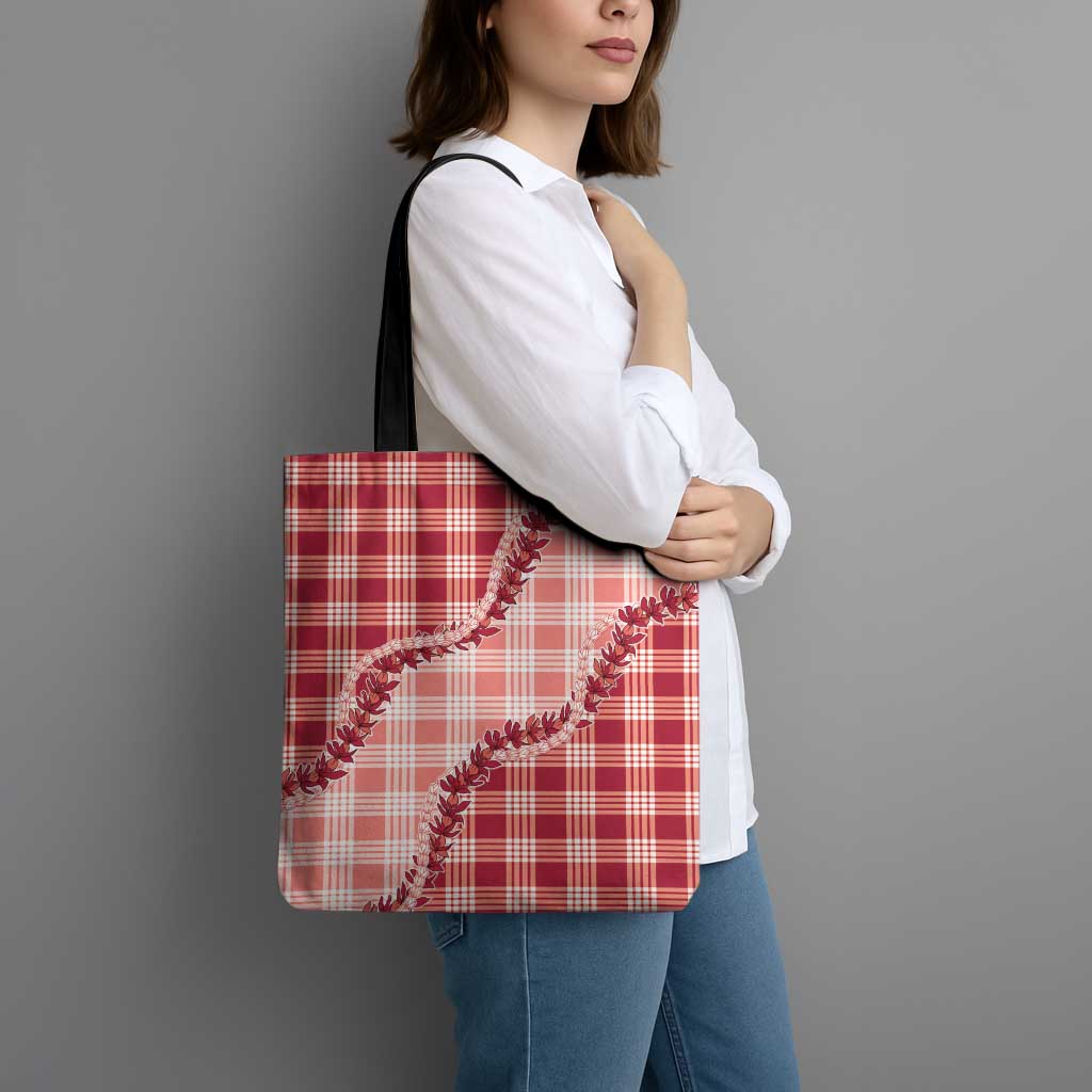 Red Hawaii Palaka Tote Bag Hawaiian Pikake Lei