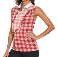 Red Hawaii Palaka Women Sleeveless Polo Shirt Hawaiian Pikake Lei