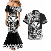 Hawaii Maui Upena Kiloi Couples Matching Mermaid Dress and Hawaiian Shirt Kakau Tribal Pattern Black Version LT05 - Polynesian Pride