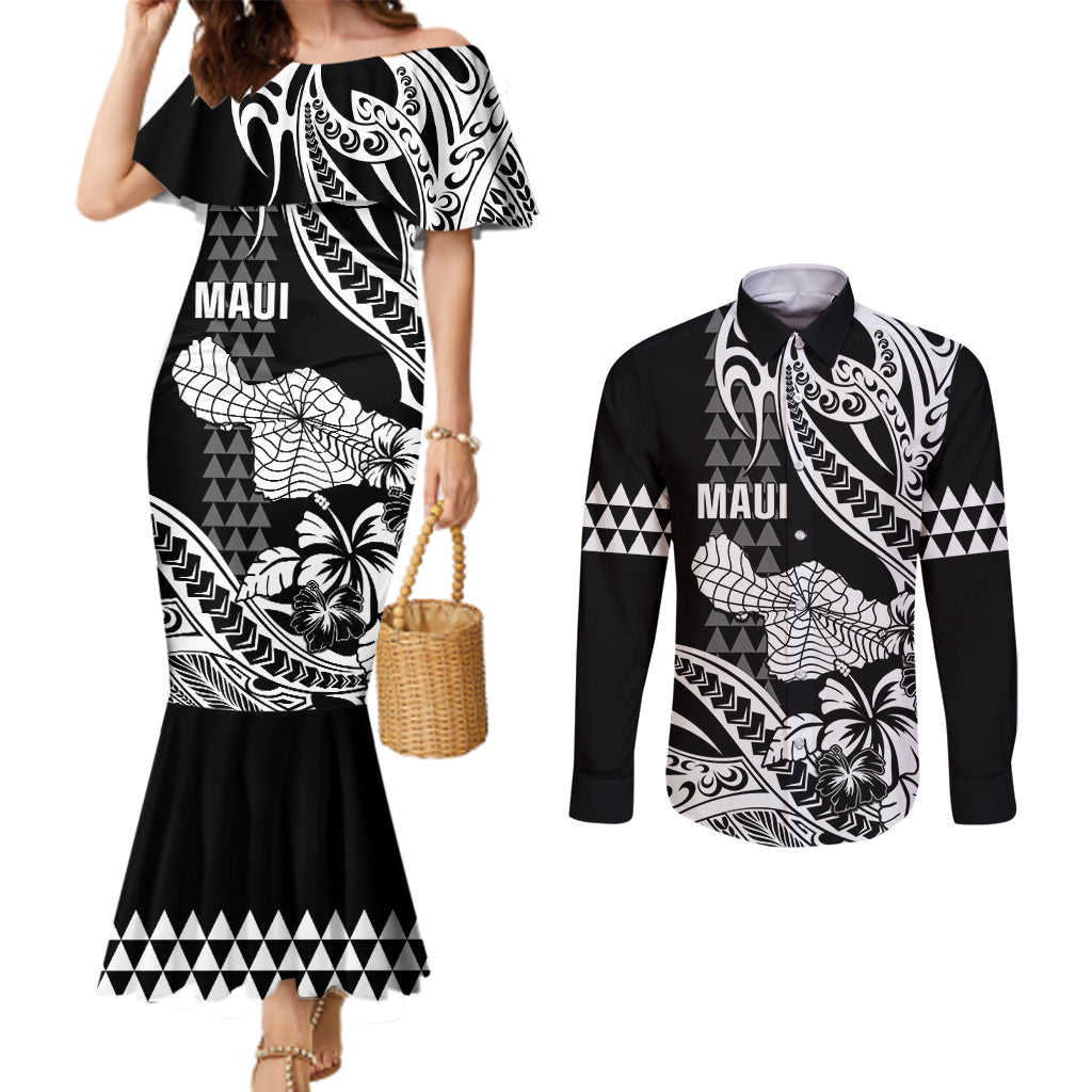 Hawaii Maui Upena Kiloi Couples Matching Mermaid Dress and Long Sleeve Button Shirt Kakau Tribal Pattern Black Version
