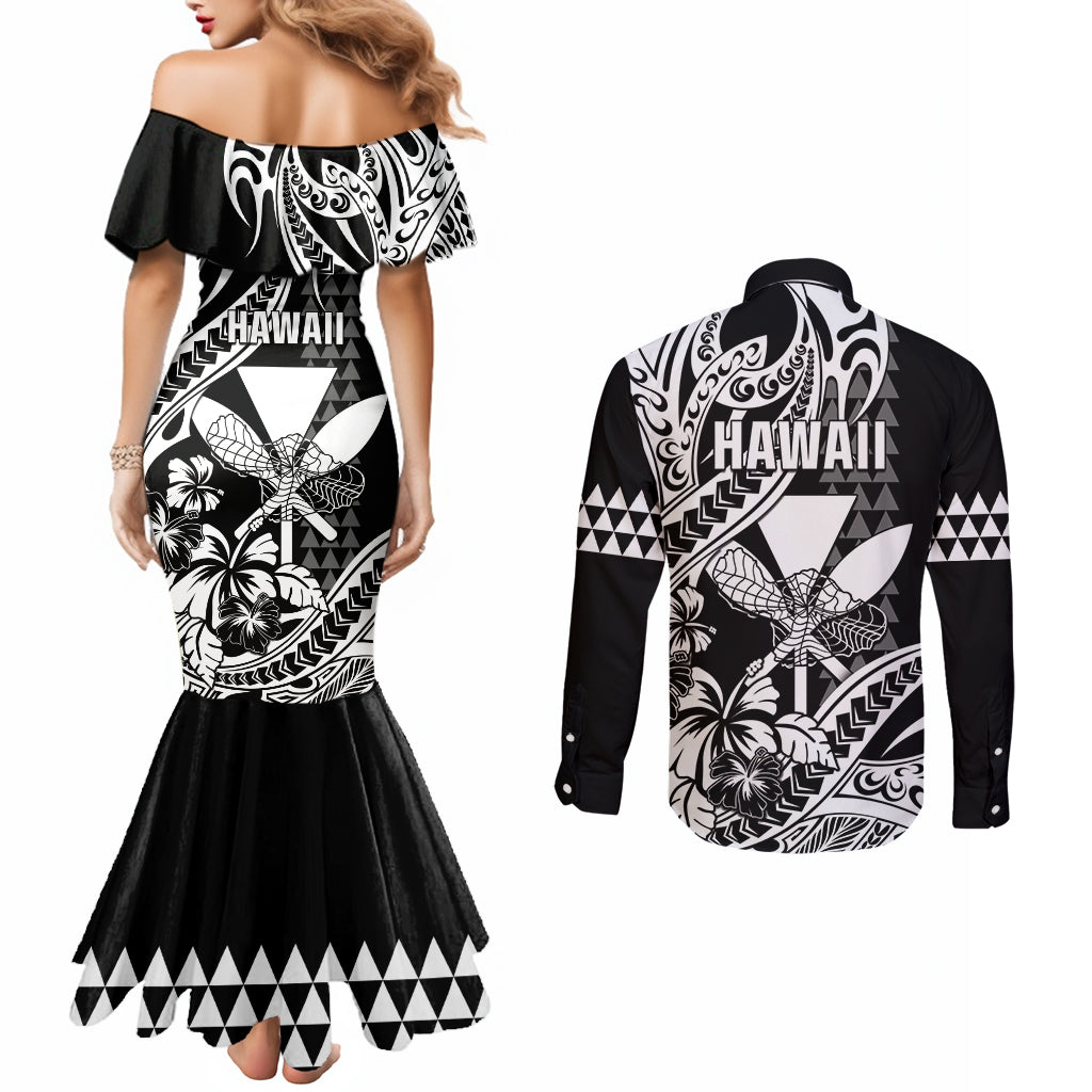 Hawaii Maui Upena Kiloi Couples Matching Mermaid Dress and Long Sleeve Button Shirt Kakau Tribal Pattern Black Version