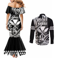 Hawaii Maui Upena Kiloi Couples Matching Mermaid Dress and Long Sleeve Button Shirt Kakau Tribal Pattern Black Version