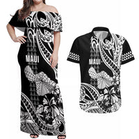 Hawaii Maui Upena Kiloi Couples Matching Off Shoulder Maxi Dress and Hawaiian Shirt Kakau Tribal Pattern Black Version LT05 Black - Polynesian Pride