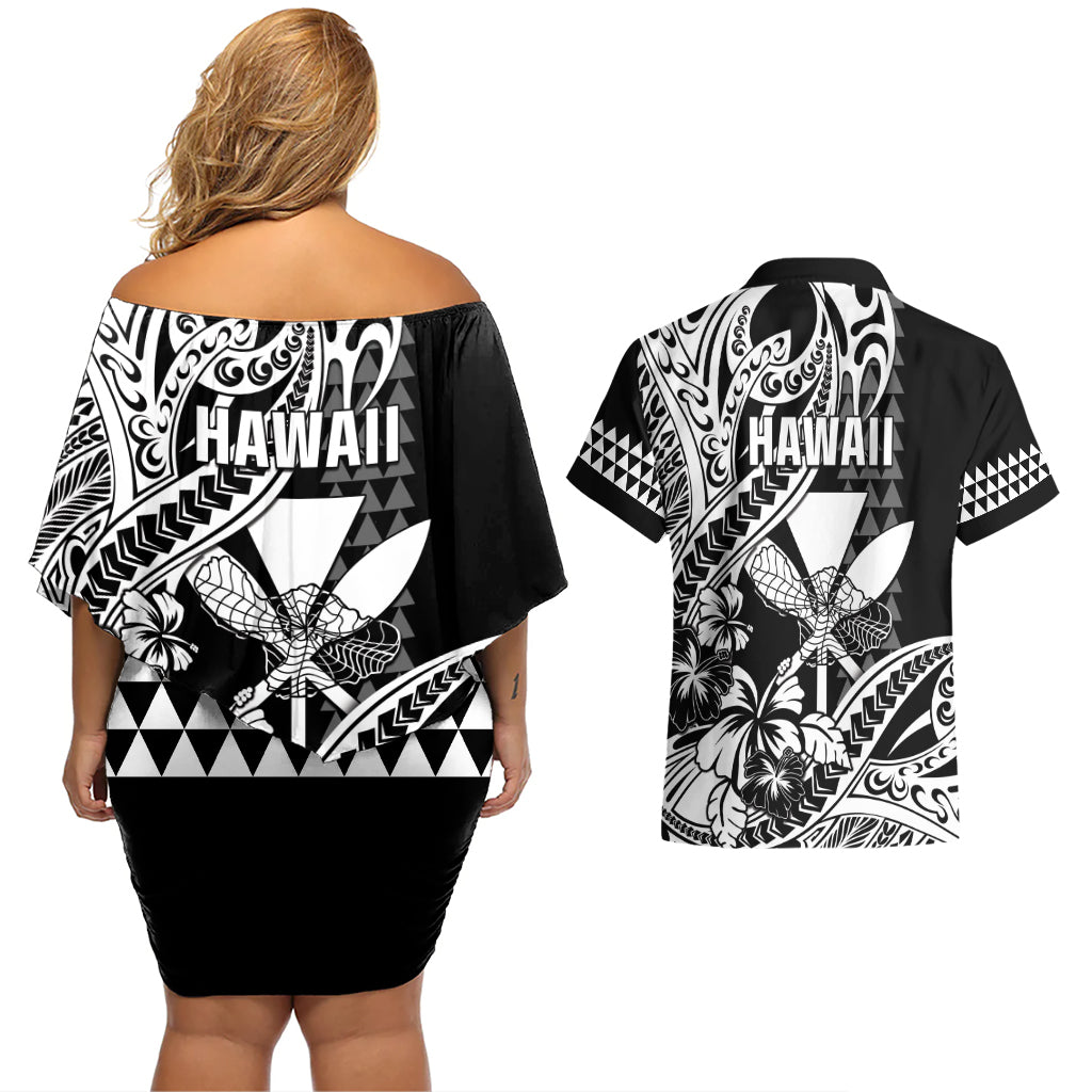 Hawaii Maui Upena Kiloi Couples Matching Off Shoulder Short Dress and Hawaiian Shirt Kakau Tribal Pattern Black Version