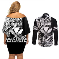 Hawaii Maui Upena Kiloi Couples Matching Off Shoulder Short Dress and Long Sleeve Button Shirt Kakau Tribal Pattern Black Version