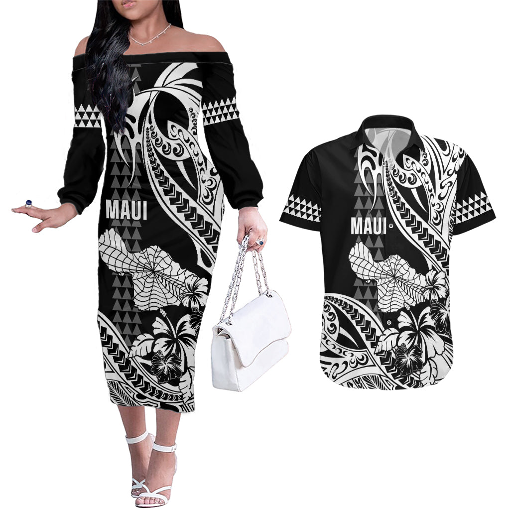 Hawaii Maui Upena Kiloi Couples Matching Off The Shoulder Long Sleeve Dress and Hawaiian Shirt Kakau Tribal Pattern Black Version