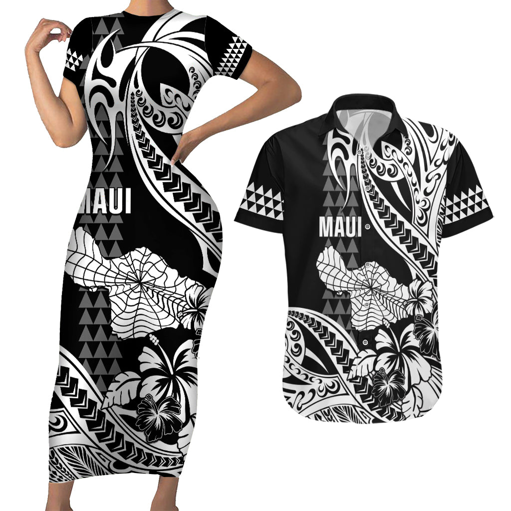 Hawaii Maui Upena Kiloi Couples Matching Short Sleeve Bodycon Dress and Hawaiian Shirt Kakau Tribal Pattern Black Version LT05 Black - Polynesian Pride