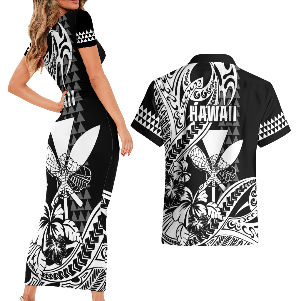 Hawaii Maui Upena Kiloi Couples Matching Short Sleeve Bodycon Dress and Hawaiian Shirt Kakau Tribal Pattern Black Version LT05 - Polynesian Pride