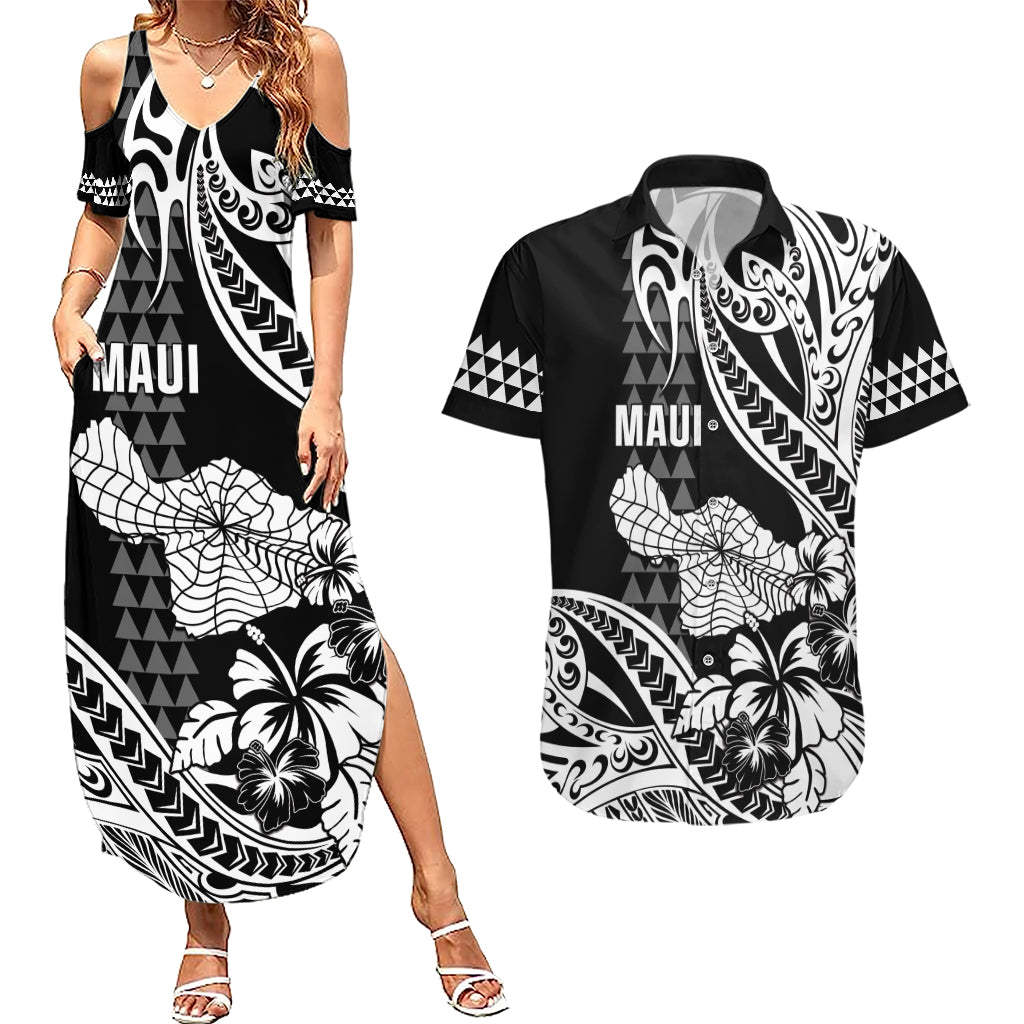 Hawaii Maui Upena Kiloi Couples Matching Summer Maxi Dress and Hawaiian Shirt Kakau Tribal Pattern Black Version