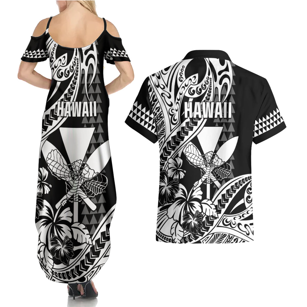 Hawaii Maui Upena Kiloi Couples Matching Summer Maxi Dress and Hawaiian Shirt Kakau Tribal Pattern Black Version