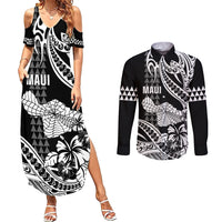 Hawaii Maui Upena Kiloi Couples Matching Summer Maxi Dress and Long Sleeve Button Shirt Kakau Tribal Pattern Black Version