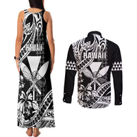 Hawaii Maui Upena Kiloi Couples Matching Tank Maxi Dress and Long Sleeve Button Shirt Kakau Tribal Pattern Black Version