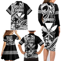 Hawaii Maui Upena Kiloi Family Matching Long Sleeve Bodycon Dress and Hawaiian Shirt Kakau Tribal Pattern Black Version