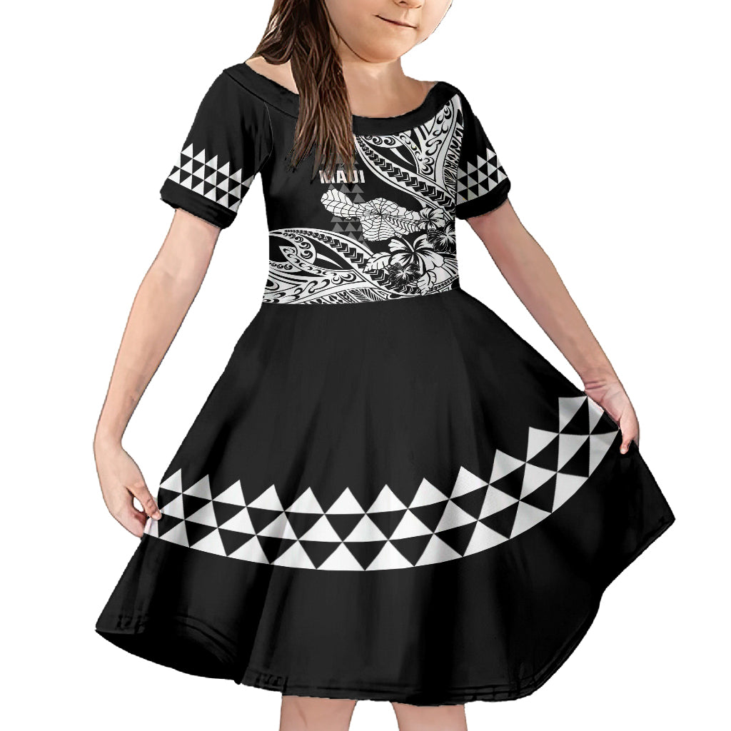 Hawaii Maui Upena Kiloi Family Matching Off Shoulder Maxi Dress and Hawaiian Shirt Kakau Tribal Pattern Black Version LT05 Daughter's Dress Black - Polynesian Pride