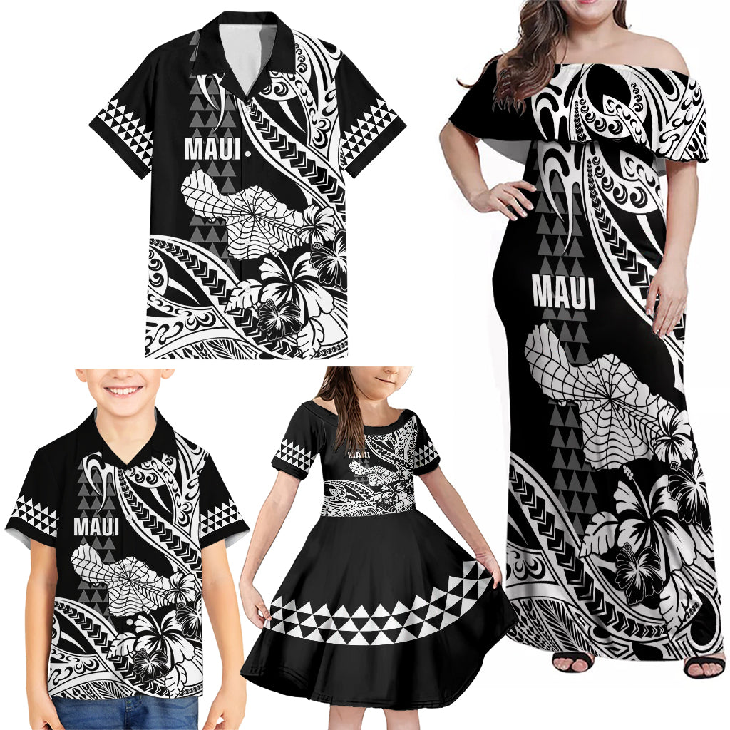 Hawaii Maui Upena Kiloi Family Matching Off Shoulder Maxi Dress and Hawaiian Shirt Kakau Tribal Pattern Black Version LT05 - Polynesian Pride