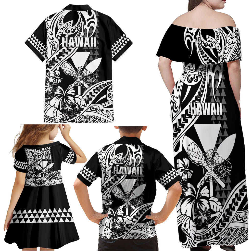 Hawaii Maui Upena Kiloi Family Matching Off Shoulder Maxi Dress and Hawaiian Shirt Kakau Tribal Pattern Black Version LT05 - Polynesian Pride