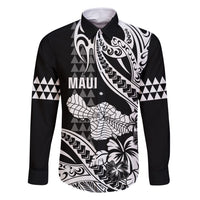 Hawaii Maui Upena Kiloi Family Matching Off Shoulder Maxi Dress and Hawaiian Shirt Kakau Tribal Pattern Black Version LT05 Dad's Shirt - Long Sleeve Black - Polynesian Pride